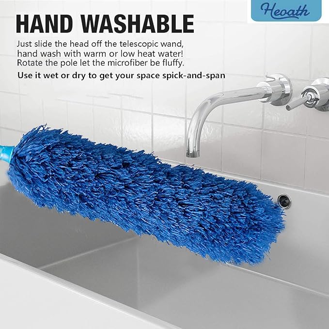 HEOATH Microfiber Feather Duster with Extendable Pole, 100 inches Extra Long Cobweb Duster for Cleaning, Bendable Head, Non-Scratch, Washable Duster for Ceiling, Fan, Furniture Blue
