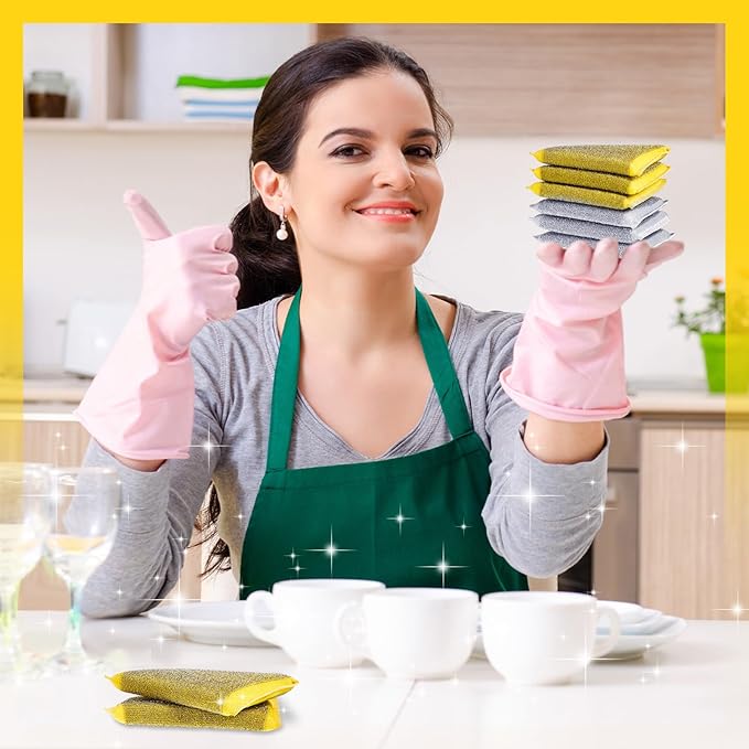 Thyle 24 Pack Steel Scrub Sponges for Dishes Non Scratch Scouring Sponge Multi Use Metal Scrubber Heavy Duty Dish Wash Kitchen Sponge for Pot Dish Washing Hard Surface Cleaning Tools (Gray,Yellow)