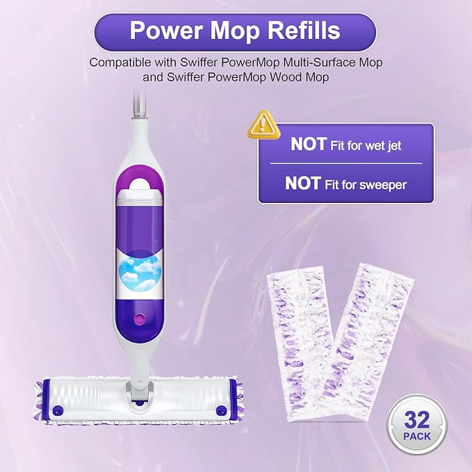 32 Count Disposable for Swiffer Power Mop Pads, 5X Cleaning Power Mop Refills, Replacement Floor Cleaning Refills, Non-Washable & Unscented for Floor Surface Cleaning