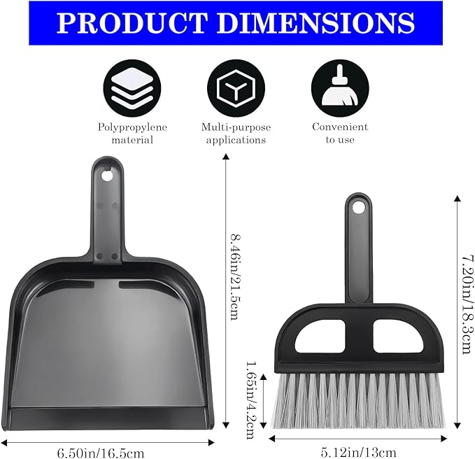 Mini Dustpan and Brush Set - Portable Hand Broom Compact 8.5" Nesting Cleaning Combo for Desks Keyboards Home Office