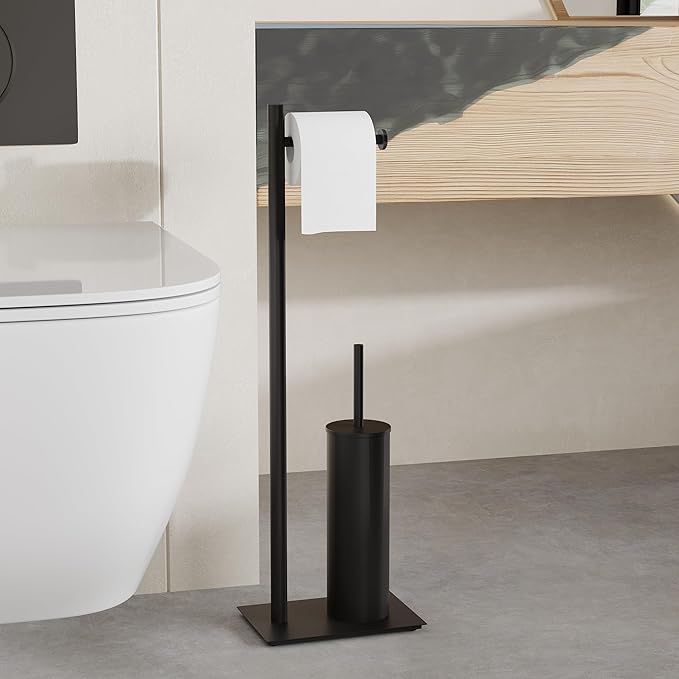 RUACQ Toilet Paper Holder Stand with Toilet Brush and Holder Set, 304 Stainless Steel Bathroom Toilet Tissue Paper Roll Holder Free Standing, Weighted Base, Heavy Duty (Matte Black)