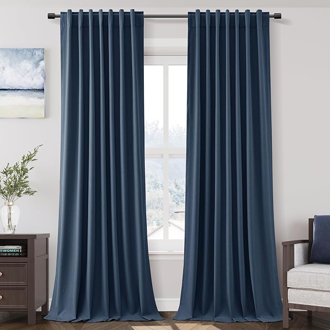 Nanspring Denim Blue Linen Blackout Curtains 96 Inches Long Loop Pocket Rod Pocket Flax Linen Noise Reducing Full Shading 2 Panels Set for Dining Room Elegant Modern Curtains Drapes 52x96