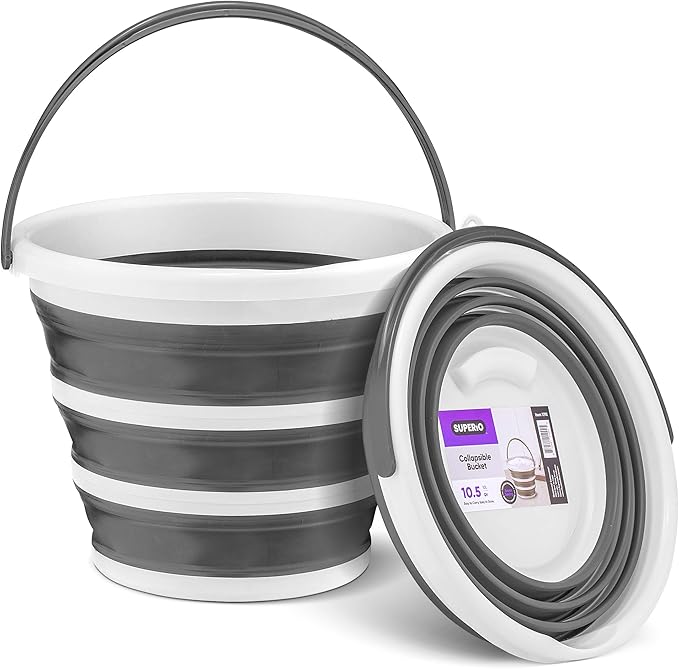 Superio Collapsible Bucket 2 Gallon Bucket with Handle Grey Car Wash Bucket Small Foldable Silicone Pail for Camping, Fishing, Cleaning, Mopping, 10 Liter