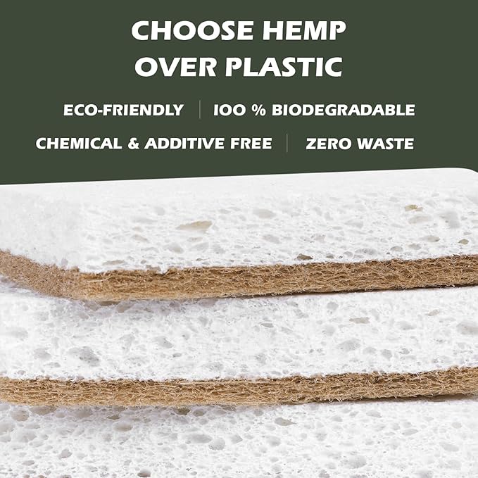 Isshah Plant-Based Kitchen Sponges - FSC Certified and PETA Approved, Natural, Eco-Friendly, Biodegradable Sisal Hemp Sponges for Dishes, Cleaning Sponge for Kitchen, Bathroom, Household - 12 Count
