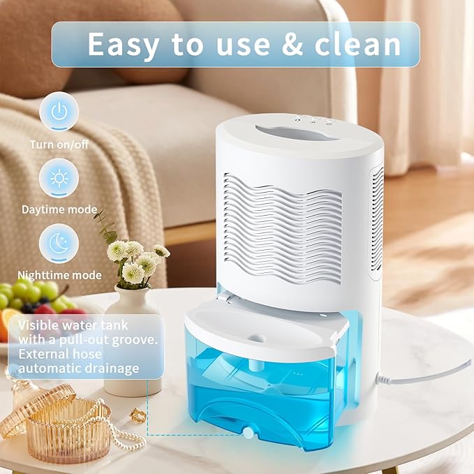 Dehumidifier for Home with Colorful Light Auto Shut Off Protection Ideal for Bedroom and Basement 2 Working Modes Daytime and Nighttime Efficient Moisture Removal System