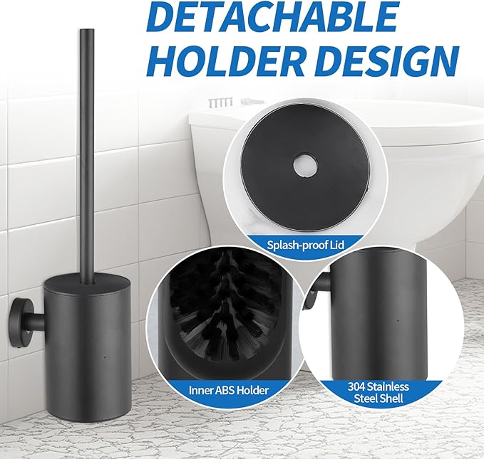 Wall Mounted Toilet Brush and Holder Set, 304 Stainless Steel Toilet Bowl Brush with 3 Replacement Heads, Space-Saving Bathroom Cleaning Brush, Matte Black Finish