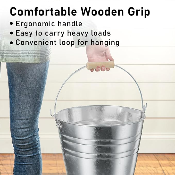 4 Gallon Galvanized Ice Bucket - Large Rustproof Metal Bucket Drink Tub with Wood Handles - 13" Beverage Bucket for Party BBQ Wedding Home Décor & Storage - 13"L x 13"W x 12"H - 2 Pack
