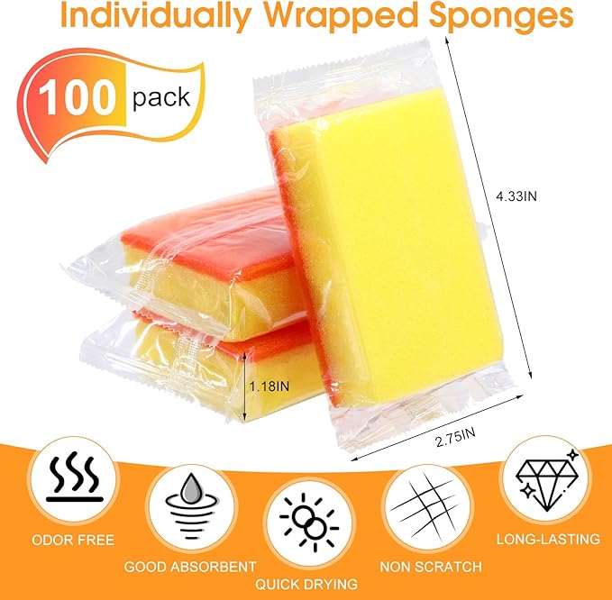 Tioncy 100 Pcs Individually Wrapped Sponges Bulk Kitchen Orange Non Scratch Scrub Sponges Dual Sided Cleaning Scrubber for Household Washing Dishes, Pots, Pans, Sinks, Stoves, Appliances, Car, Bike