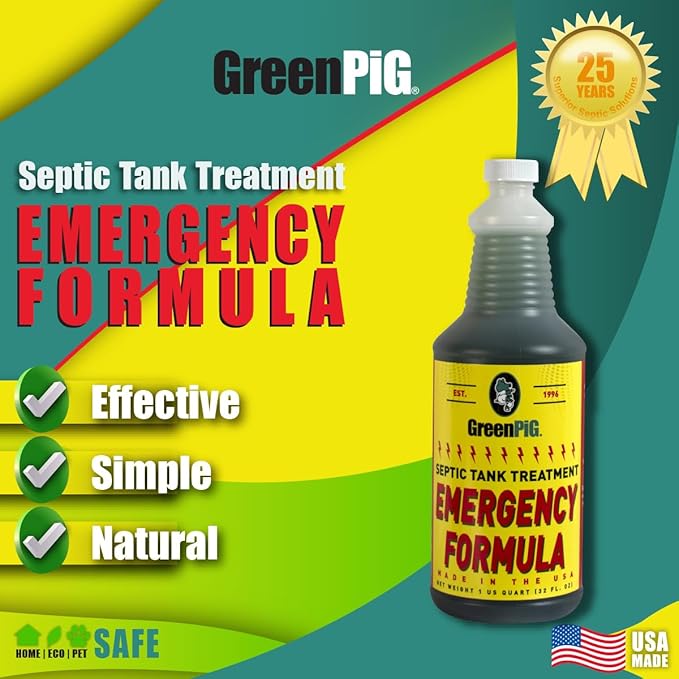 GREEN PIG Drain Field Cleaner, Septic Safe Drain Clog Remover, Treatment for Quickly Clearing Leach Field System Clogs, Back-Ups, and Foul Odors in Septic Tank Systems, Emergency Formula, 1 Quart