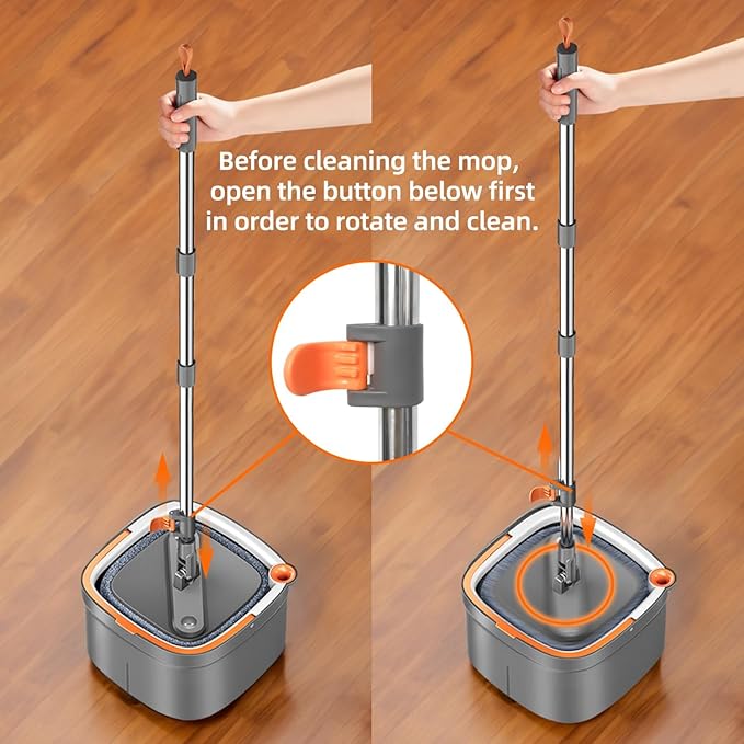 KZKR Spin Mop and Bucket Set with 8 Replaceable Microfiber Mop Pads with Self Separation Dirty and Clean Water System, Self Wringing 360° Rotating Square Mop Head for Hardwood Tile Marble Floors