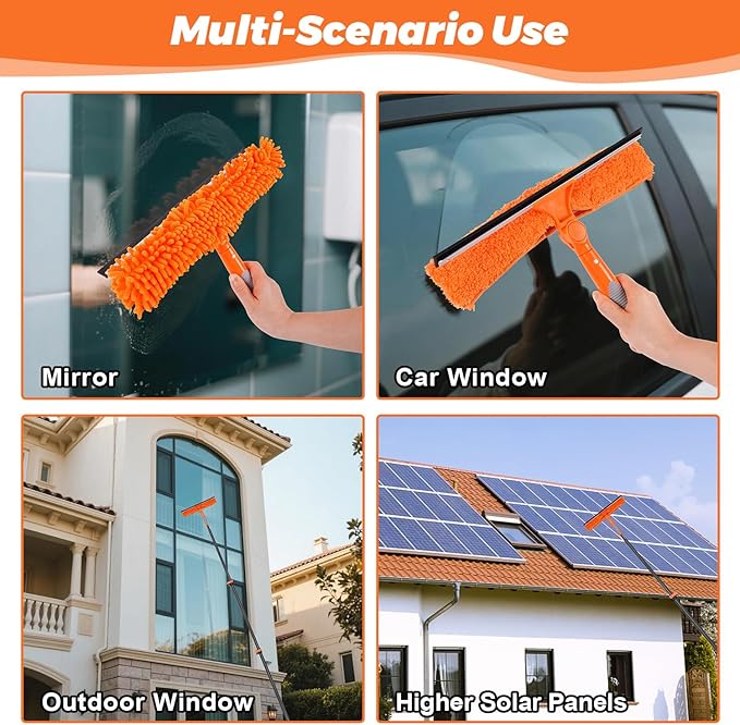 Msnaile Window Washing Kit with Extension Pole 4.7 to 24FT, Long Squeegee for Window Cleaning Indoor Outdoor, Carbon Fiber Telescopic Pole for Window Cleaner Tool with Microfibre Pad & Chenille Cloth