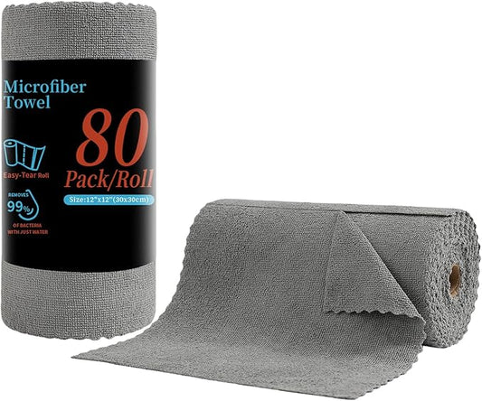Tigona 80 Pack Microfiber Cleaning Cloth Roll,Lint Free Rags & Tear Away Reusable Towels Washable Scratch,Ultra Absorbent Dish Rags(12" x 12") for Car Kitchen Home Garage-Dark Gray