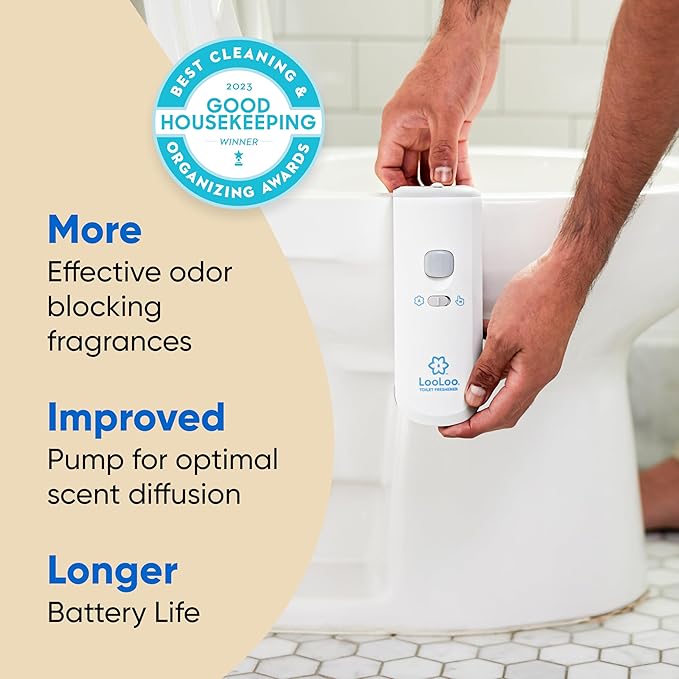 LooLoo 3.0 Touch Free Toilet Freshener Automatic Air Freshener Spray for Bathroom Starter Kit with Light and Toilet Deodorizer, Bathroom Spray Odor Eliminator - Warm Teakwood