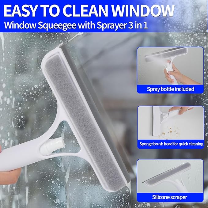 3 in 1 Squeegee for Shower Glass, Window Squeegee with Sprayer 3 in 1 WindowSqueegee Cleaner, Spray WindowSqueegee Cleaner Tool for Car, Home, Kitchen Window