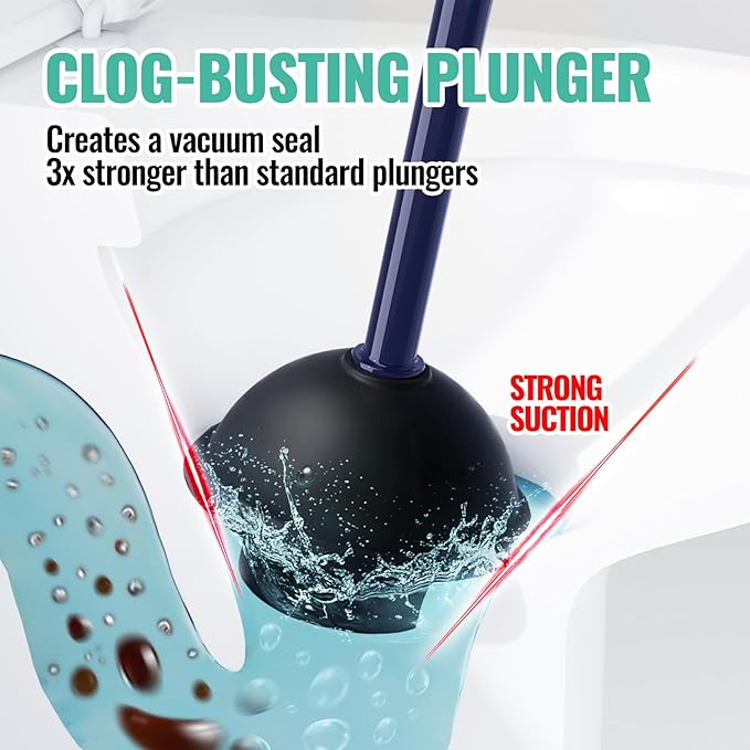 2PACK 4 in 1 Toilet Brush and Plunger Set with Crevice Cleaning Brush, Toilet Plunger and Brush Set with Extra Long Handle, Plungers for Bathroom Accessories, Toilet Plunger with Holder, Navy Blue