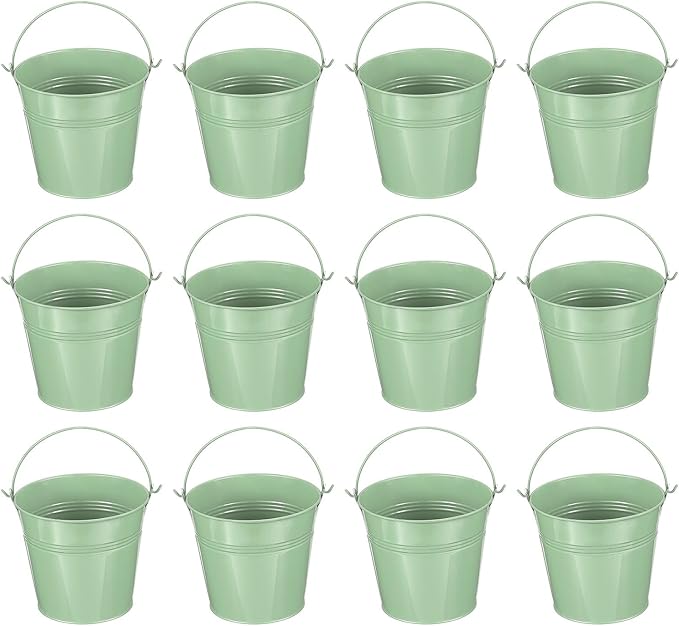 PATIKIL 5.1"x4.7" Small Metal Buckets with Handle, 12 Pcs Mini Galvanized Bucket Colorful Easter Buckets for Crafts Party Favors Decoration, Light Green