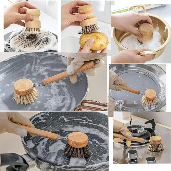 Wooden Dish Brush Set Clean Pots Bamboo Dish Brush - 1 Long Handle Dish Brush and 2 Palm Scrubbing Brush Scrub Brush for Pots, Pans & Dishes,Plastic Free Washing Up, Zero Waste Cleaning (3 Pack)