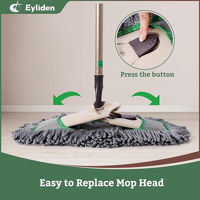 Eyliden Pro Dust Mops for Floor Cleaning - Total 3 Washable Microfiber Pads, One-Click Replacement, Telescopic Handle, Professional Design for Floors & Pet Hair (Grey+Green)