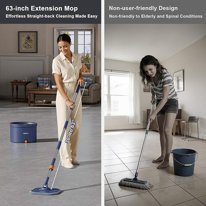 HoMettler Spin Mop and Bucket Set, Mop Bucket with Separate Dirty Water System, Deep-Cleaning Mops for Floors/Wall, Versatile Mops with 6 Microfiber Mop Pads