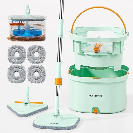 HoMettler Mop and Bucket Set | Spin Mop with Dual-Tank Clean/Dirty Water Separation | 4 Microfiber Pads for Deep-Cleaning Floors | Versatile Mops Triangular Head for Walls