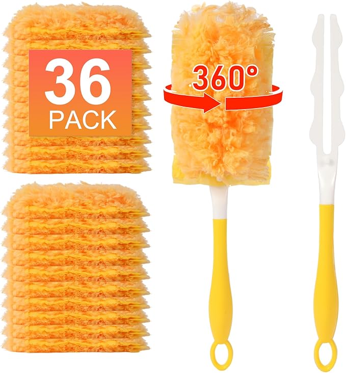 36 Count Heavy Duty Duster Refills for Swiffer Dusters with 1 Handle, 360° Multi-Surface Larger Size Feather Duster, Disposable Duster Kit for Cleaning Home, 4X Microfibers, Unscented