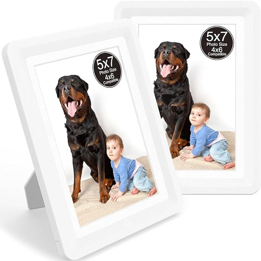 2-Pack 5x7 Picture Frame or 4x6 with Mat – Shatterproof Plastic Photo Frame for Family, Nursery, and Playroom, Wall & Tabletop Picture Frames for Home, Office, Safe & Lightweight Design in Pearl White