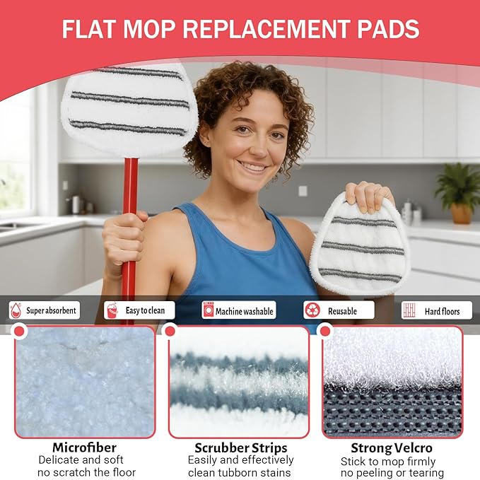 Triangule Flat Mop Replacement Pads, Spin Mop Pad Replacement, 6 Pack Mop Refill Pads, 1 Mop Base and 1 Scraper for Cleaning Floor, Wall, Ceiling, Easy to Replace