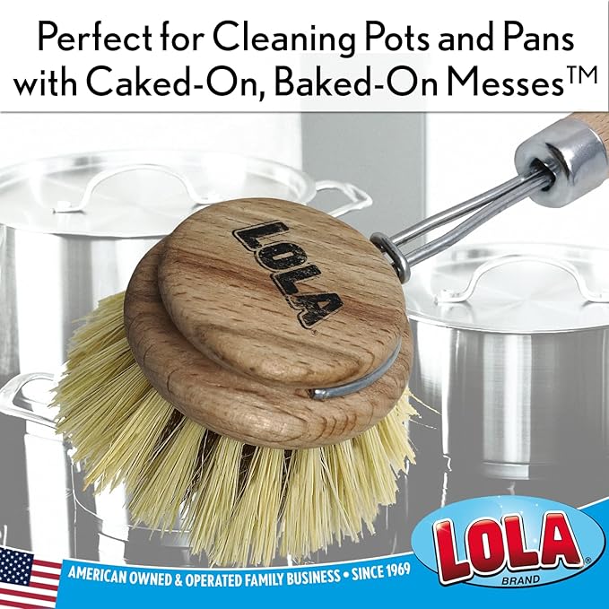 LOLA Replacement Heads for The Original Pot & Pan Brush, 3 Pack, Brass Wire & Tampico Bristles, Birch Hardwood, Heavy Duty Cleaning