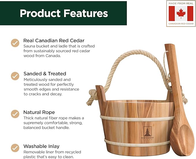Sauna Bucket and Ladle Set - Handmade from Canadian Red Cedar Wood - Natural Rope Handle - 1 Gallon (4 Liters) Water Capacity