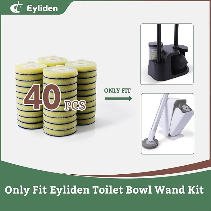 40 Count Eyliden Toilet Bowl Wand Kit Dedicated Pre-Soaked Refills Sponge, Only for Eyliden Disposable Toilet Brush and Holder Set Refills, Quick Change Cleaning Sponges Head (40, Yellow)