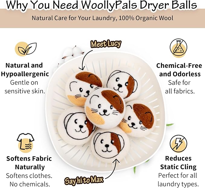 WoollyPals Wool Dryer Balls (6-Pack, XL Size)- 100% New Zealand Organic Wool - Sustainable & Eco-Friendly - Dry 1,000 Loads, Replaces Dryer Sheets, Reduces Static Cling, Reusable (Multi Colour)