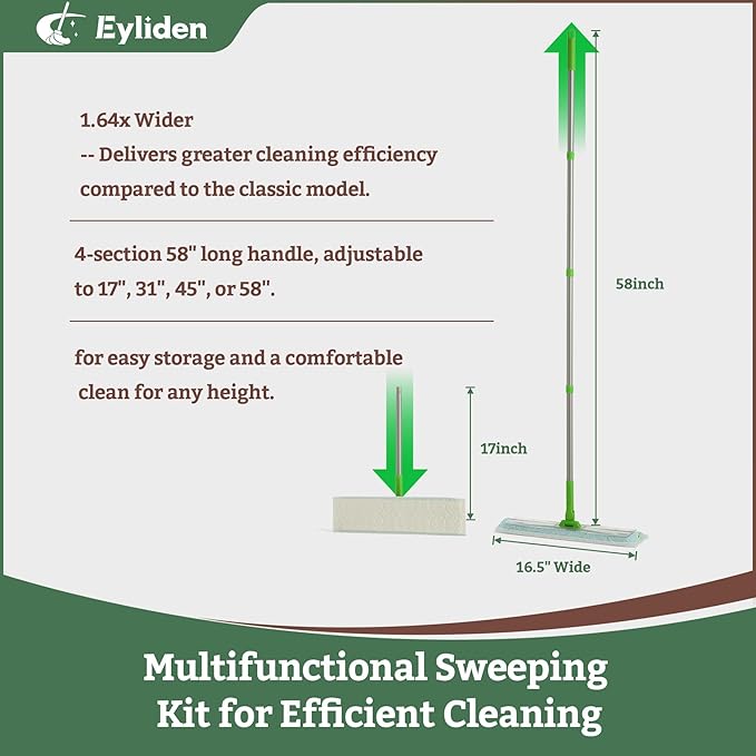 Eyliden Large Sweeper Mop, 16.5" Wide - Lock Tight Design No Lost Pads - 22 Disposable Dry & Wet Cloths, 58" Adjustable Handle, Dust Mops for Pet Hair, Hardwood Floors, Universal Refills (Green)