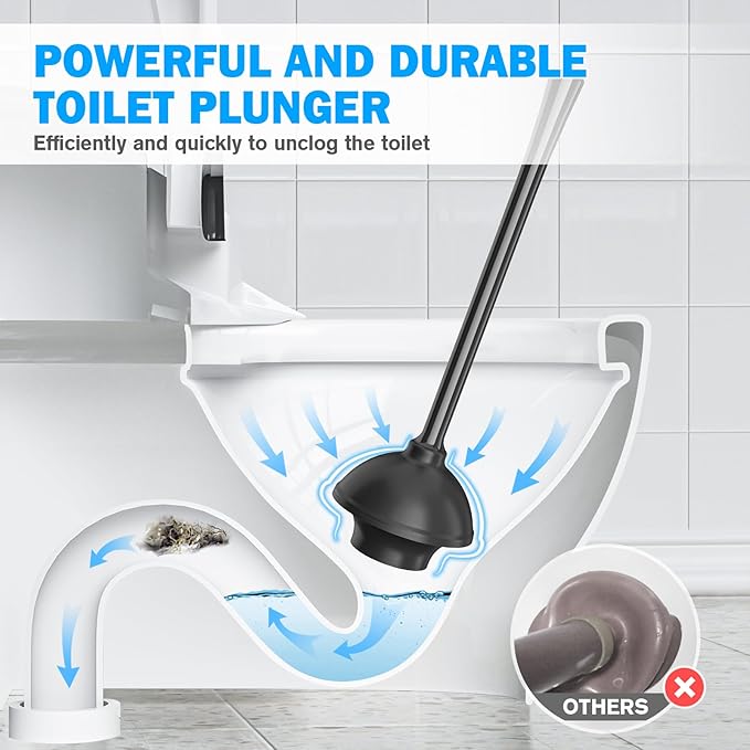 Toilet Plunger and Brush Set, 2 Pack Bowl Brush and Heavy Duty Toilet Plunger with Ventilated Holder, 2-in-1 Toilet Brush and Plunger Combo for 5.3-inch Toilet Drain Bathroom Deeply Cleaning(Black)