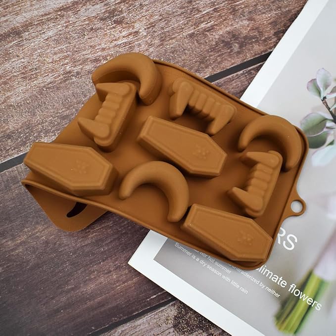 mostsom Halloween Chocolate Candy Silicone Mold Vampire Teeth RIP Gravestone Moon Shape Gummy Fondant Baking Mold for DIY Cupcake Topper Decorating (D_ 8.92x4.04x0.56 inch)