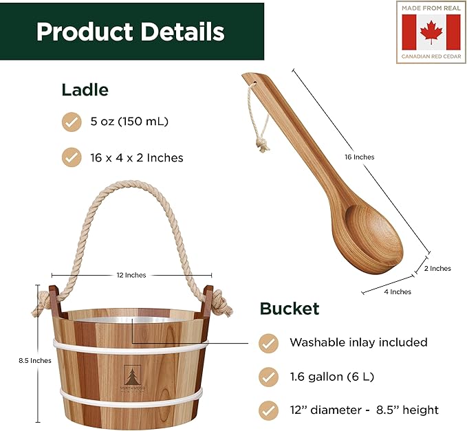 Sauna Bucket and Ladle Set - Handmade from Canadian Red Cedar Wood - Natural Rope Handle - 1.6 Gallons (6 Liters) Water Capacity