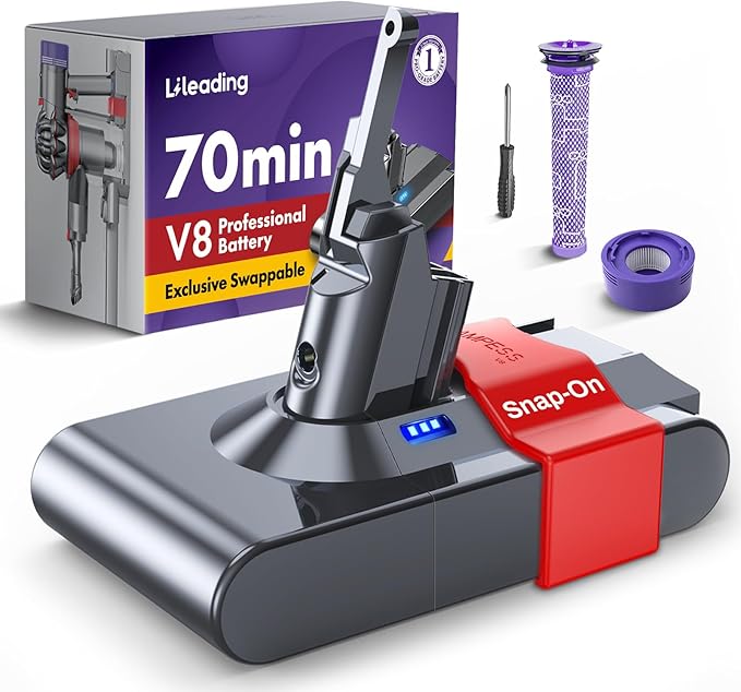 LiLeading 70 Minutes Exclusive Swappable V8 Battery, Compatible with Dyson V8 Animal/Absolute/Motorhead/Fluffy, Includes 2 Filters