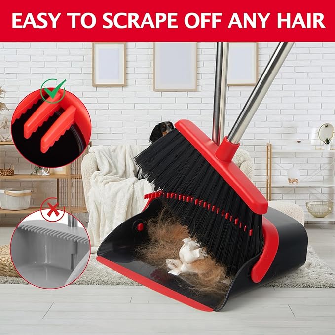 XXFLOWER Broom and Dustpan Set with Long Handle, Heavy Dust Broom and Dustpan Combo for Home，Kitchen, Office, Pet Hair 2PCS (Black Red)