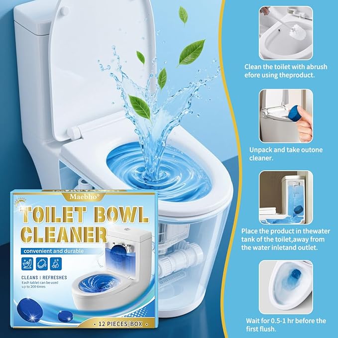 Maebho Automatic Toilet Bowl Cleaner Tablets,Blue Gel In-Tank Cleaner, Removes Hard Water Rings & Stains, Septic Safe, Cleaning & Deodorize, Fresh Scent, 12-Pack,50g Each