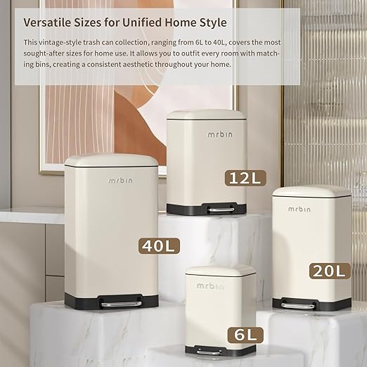 MRBIN Bathroom Trash Can with Lid, Metal Step Kitchen Waste Basket Touchless Soft Close, 20L / 5.2gal Rectangle Garbage Bucket with Stainless Steel Pedal for Office, Bedroom Accessories, White
