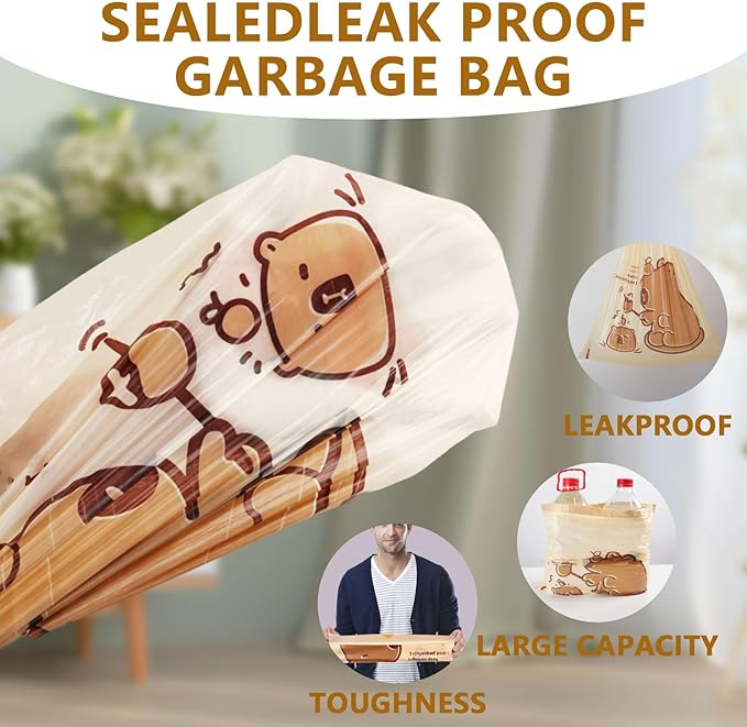 VOK 4 Gallon Trash Bags with Capybara Printed, Drawstring Small Garbage Bags, Tear-Resistant & Odor-Control Bathroom/Kitchen Trash Can Liners, Bathroom Trash Bags with Secure Tie, 50 Counts