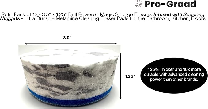 Refill Pack of 12 Drill Powered 3.5” Magic Sponge Erasers Infused with Scouring Nuggets, 10x Durability vs Traditional Erasers, Advanced Cleaning for Bathroom Kitchen Floors, Round 3.5"x1.25" Thick