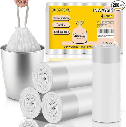 4 Gallon Trash-Bags Small-Bathroom Garbage-Bag Drawstring - Strong Kitchen White 200 Count Plastic Unscented For Can Car Disposable Recycling Office Size Waste Basket Inwaysin