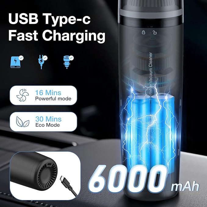 LYFUHUI Car Handheld Vacuum Cordless 1300 PA Suction Power, Portable Mini Vacuum Cleaner for Car Home Office and Pet Hair, Black