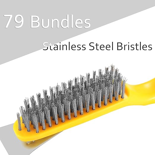 Chanharm 10.95" Wire Scratch Brush with Metal Scraper, Long Plastic Handle and 79 Bundles of Stainless Steel Bristles, Heavy Duty for Dust Paint Scrubbing, Dirt Rust or Welding Slag Removal