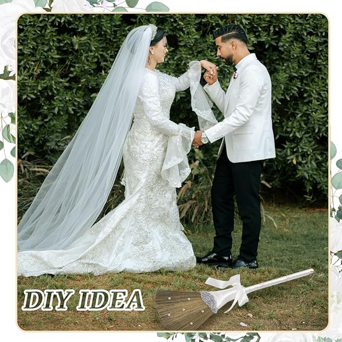 Quaocens Wedding Brooms for Jumping Ceremony,White Whisk Broom Wedding Broom with White Ribbon and Faux Pearls,Whisk Broom Jumping The Brooms for Wedding DIY Wedding Ceremony Crafts