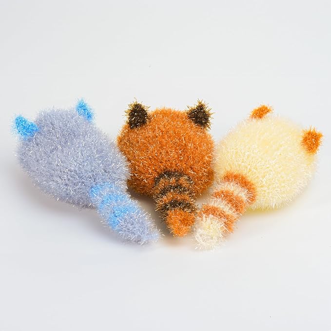Kuwish Uijeongbu Raccoon Handmade Crocheted Non-Scratch Cute Scrubber 3pcs for Cleaning Dishes & pots All-Purpose Lovely Animal Perfect Replacement for Smelly Kitchen Sponge House Warming Favors Gift
