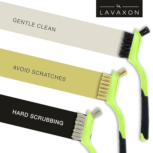 Lavaxon Wire Brush Set 3Pcs - Nylon/Brass/Stainless Steel Bristles with Curved Handle Grip for Rust, Dirt & Paint Scrubbing with Deep Cleaning – 7 Inches (Green)