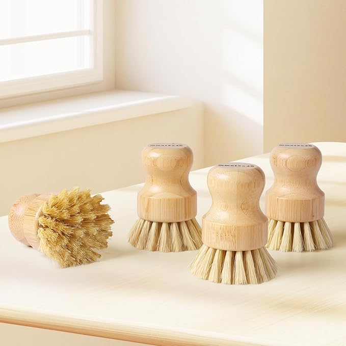 ÖkoStamm 4 Pack Bamboo Dish Brush, Dish Scrubber Brush with Sisal Bristle, Natural Scrub Brush for Kitchen Cleaning Dishes, Pots, Pans, Bottles, Vegetables
