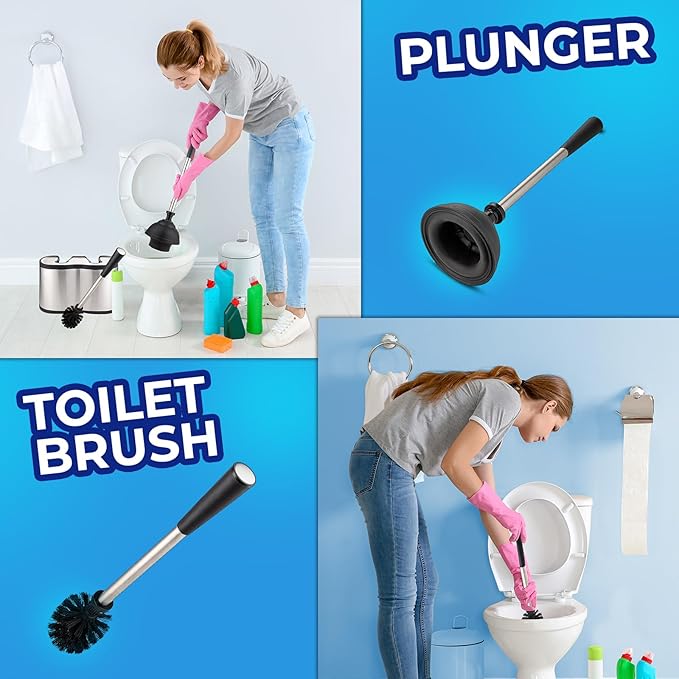 UMIEN 2 Pack Toilet Brush and Plunger Set 18-in - Updated 2025 No-Rust - Stainless Steel Design - Long Handles - with Freestanding Canister (Satin Nickel)