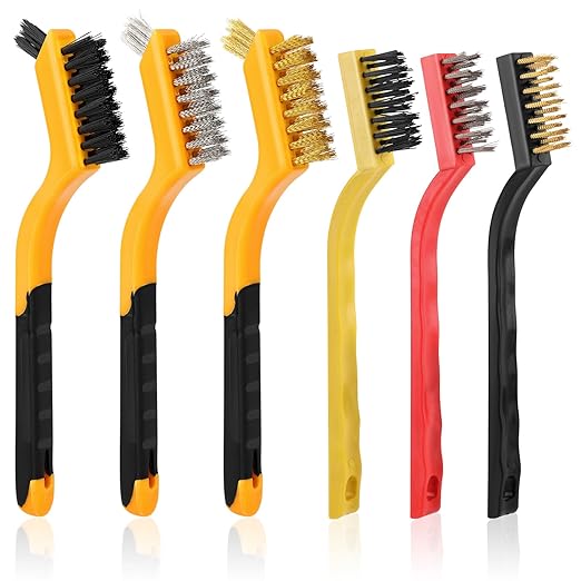 6 Pieces Wire Brushes Set, Small Metal Brass Brush, Stainless Steel Brush, Nylon Brushes for Cleaning Metal Rust and Paint Removal (Yellow+3 Mixed Color, L)